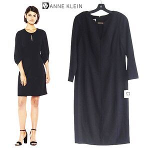 ANN KLEIN NEW Minimalist Keyhole Metal-Bar 3/4-Sleeve Fitted Shift Dress 10
